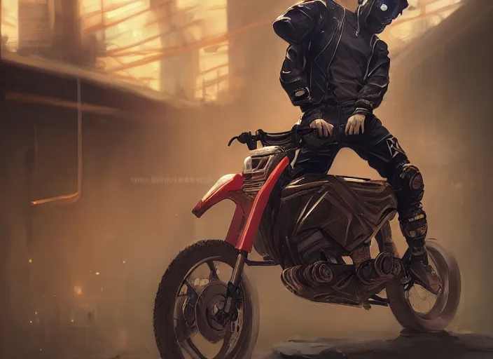 Image similar to beautiful blonde teenage boy wearing cyberpunk intricate streetwear riding dirt bike, beautiful, detailed portrait, cell shaded, 4 k, concept art, by wlop, ilya kuvshinov, artgerm, krenz cushart, greg rutkowski, pixiv. cinematic dramatic atmosphere, sharp focus, volumetric lighting, cinematic lighting, studio quality