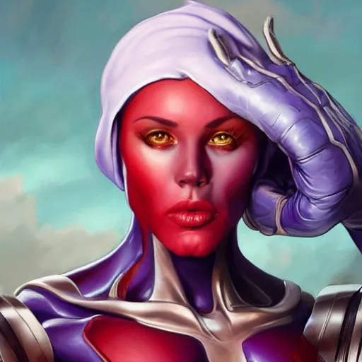 Prompt: thanos as a feminine beautiful muscular fitness model dressed as a battle nun, red lips, attractive, highly detailed full body portrait, pretty face, elegant, breathtaking art, concept art, by artgerm and ilya kuvshinov