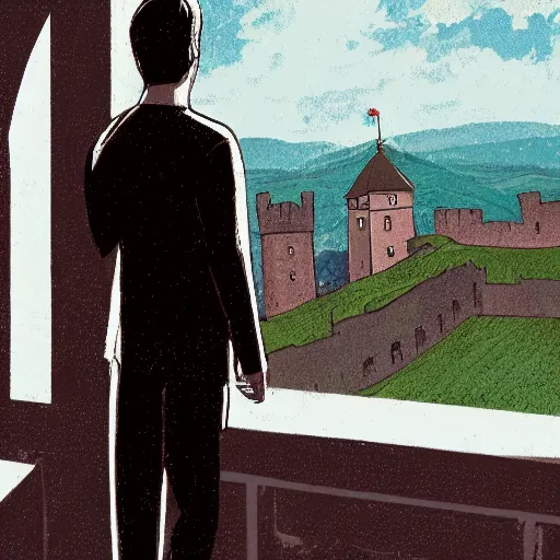 Image similar to A illustration of Max Caulfield on the balcony of a castle