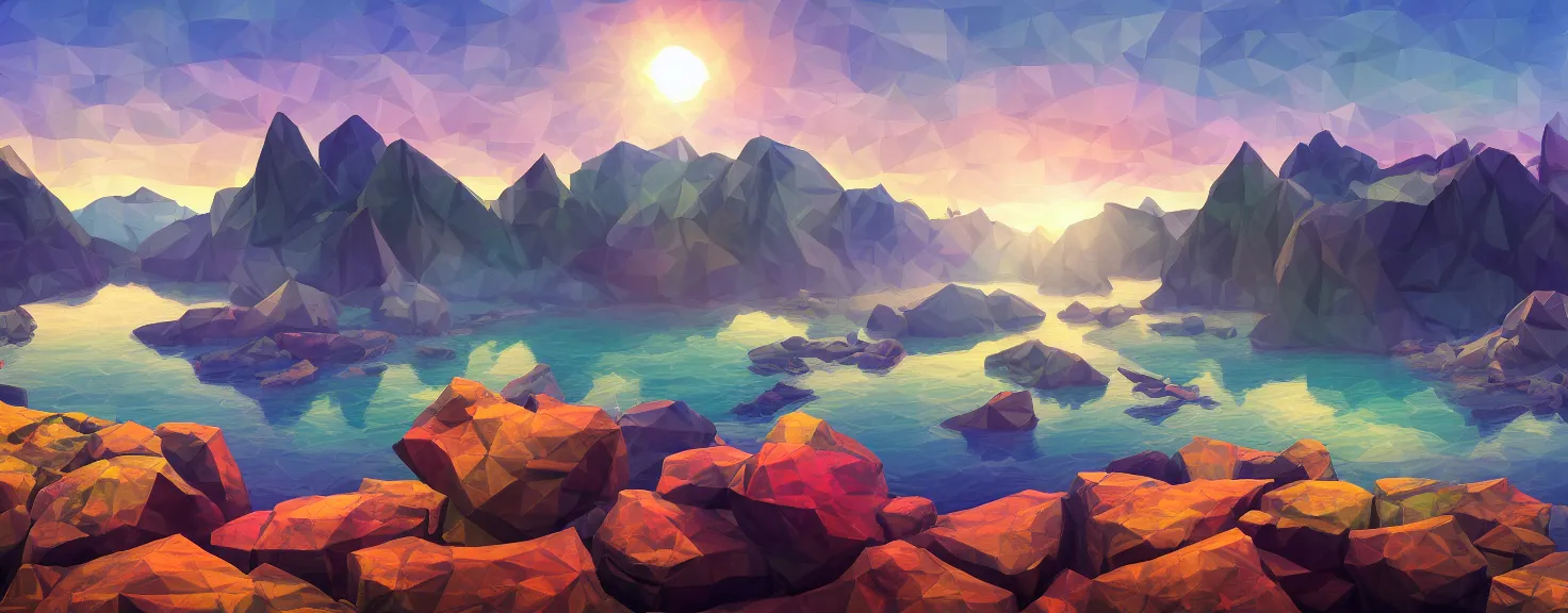 Prompt: super detailed color lowpoly art, northern sunset with rocks on front, blured monochromic lake in the middle of perspective and foggy mountains at background, graphic reindeers in random points, unreal engine, gothic rich deep colors, molotow premium pastel color palette, imperial boy, 3d render, lowpoly, colorful, digital art