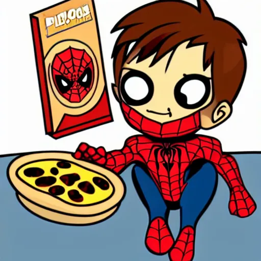 Image similar to a cartoony cute chibi spiderman eating pizza