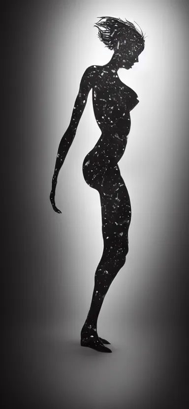 Image similar to film still, perfect female body silhouette, liquid sculpture, astral clockwork, abstract shapes, photorealism, beautiful portrait, white and black latex mixture, black ink, body acts photography, abstract art, concept art, matte painting, bokeh lights, one point light, elegant, weta fx, weta digital, artstation