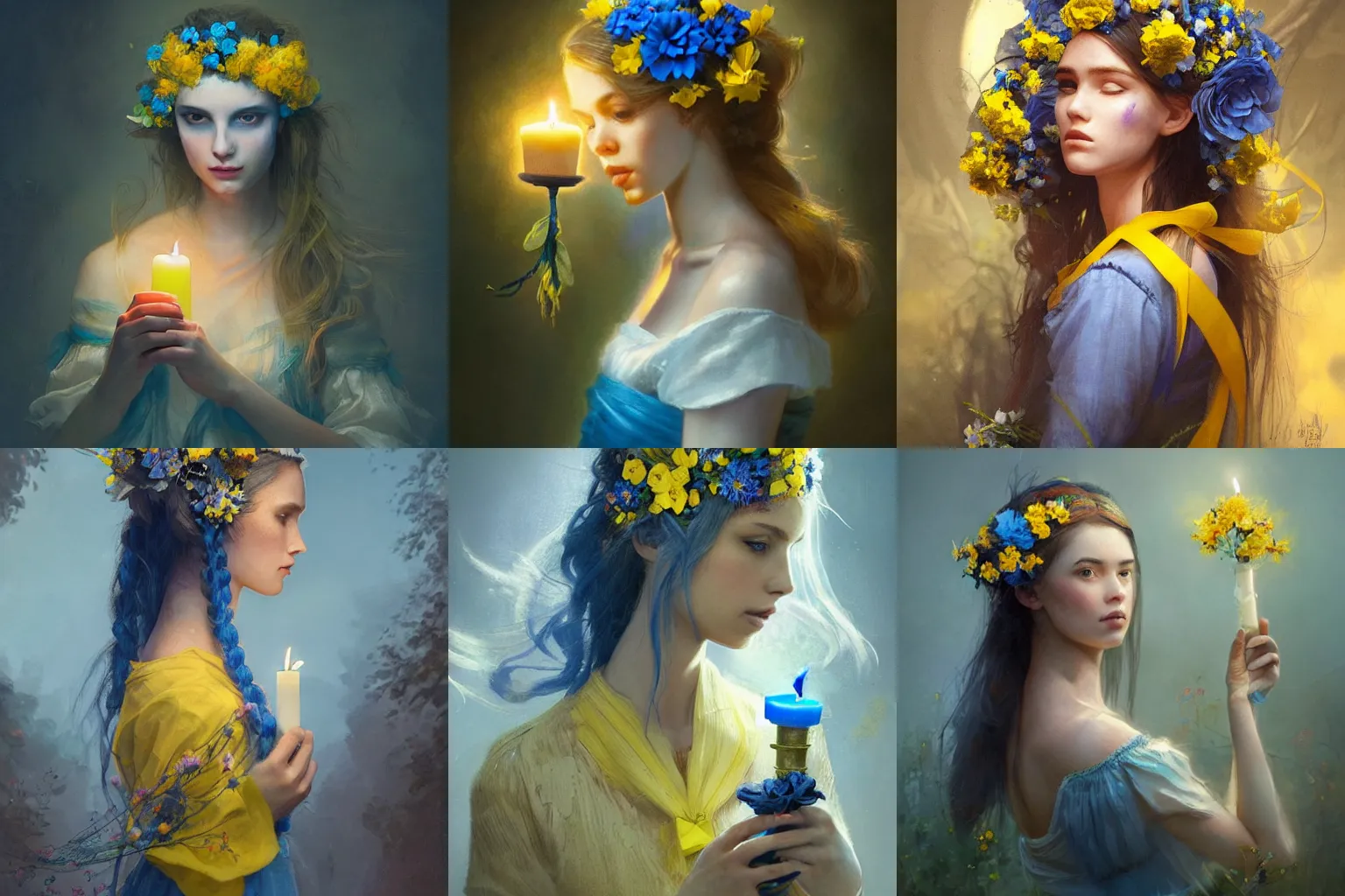 Prompt: A gorgeous young woman with flowers in her hair and blue and yellow ribbons and a candle in her hand, high detail, styled by Greg Rutkowski