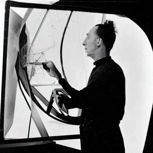 Prompt: photograph of Marcel Duchamp working on a futuristic machine, long exposure, in the style of Hito Steyerl and Andreï Tarkovski