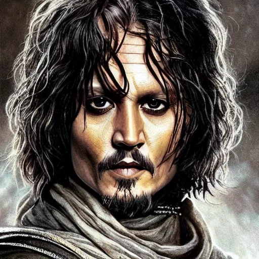 Prompt: symmetry!! portrait of johnny depp starring in the lord of the rings as aragorn, detailed - face!!, artstation, intricate, elegant, highly detailed, film still, nikon, canon eos, zeiss lens, dramatic lighting, sharp - focus!!, art by artgerm and greg rutkowski and alphonso mucha, smooth