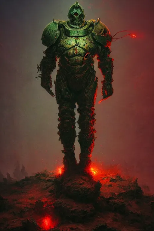 Image similar to portrait of doom slayer wearing his armor standing on top of a pile of demon corpses, heroic pose, by Zdzislaw Beksinski, id software, gothic, amazing details, volumetric lighting, 8k, cold hue's, warm tone gradient background