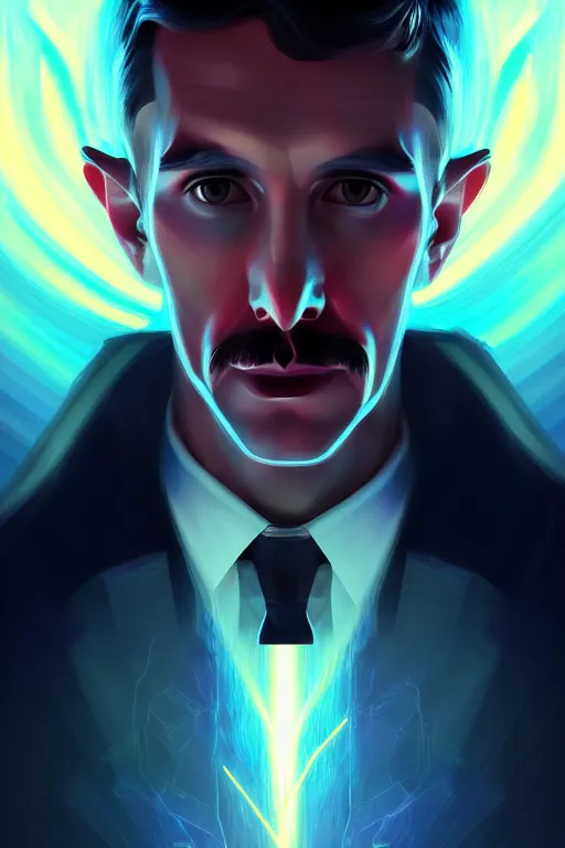 Image similar to nikola tesla, lightning, portrait, sharp focus, digital art, concept art, dynamic lighting, epic composition, colorful, trending on artstation, by emylie boivin 2. 0, rossdraws 2. 0