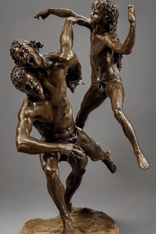 Image similar to a beautiful bronze sculpture of a fighting scene beetwen david and goliath by christophe charbonnel, rust and plaster materials