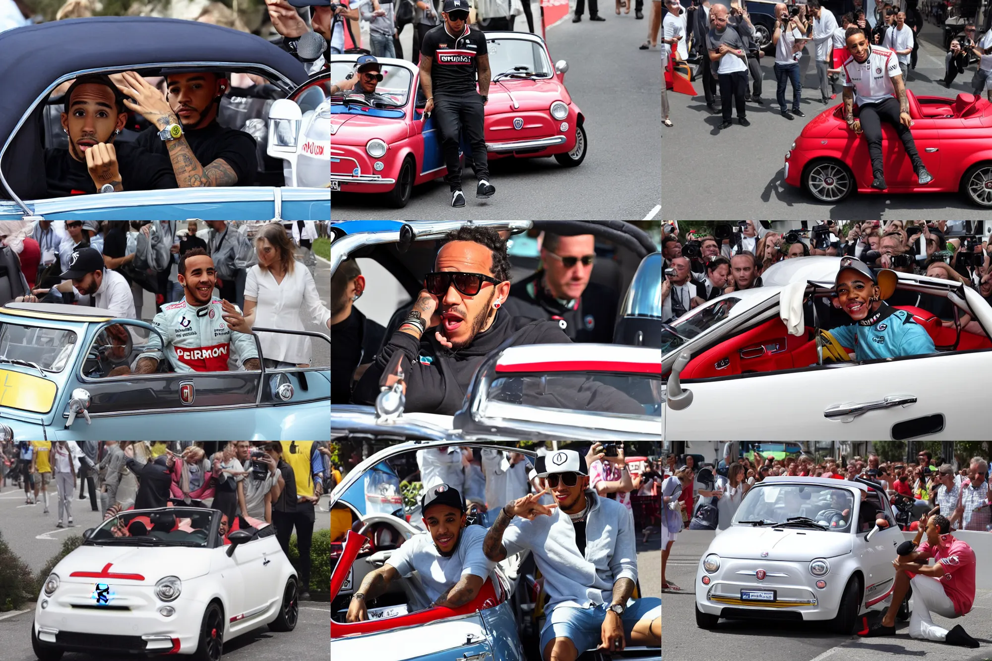 Prompt: lewis hamilton in old fiat 5 0 0 convertible, lewis is sad and crying