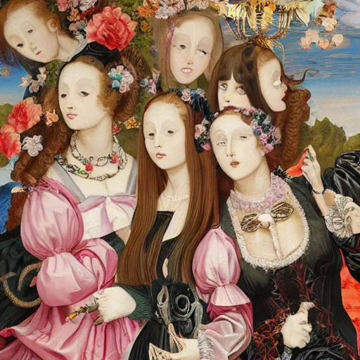 Image similar to oil painting heavy brushstrokes, renaissance, baroque, group of creepy young ladies wearing renaissance long harajuku manga dress with flowers and skulls, background chaotic flowers