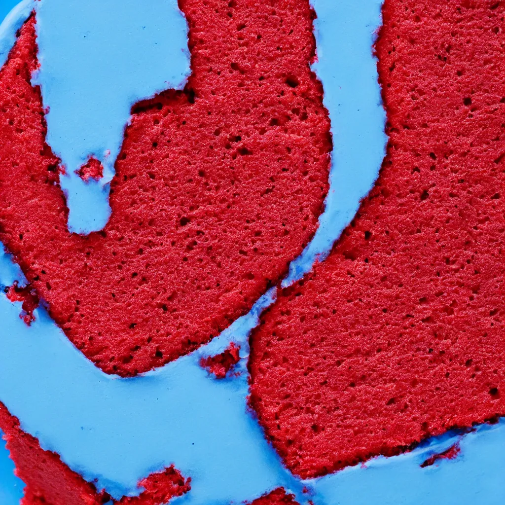 Image similar to top-down view of red cake on top of a blue surface, 8k, high detail, photorealistic, proper shading