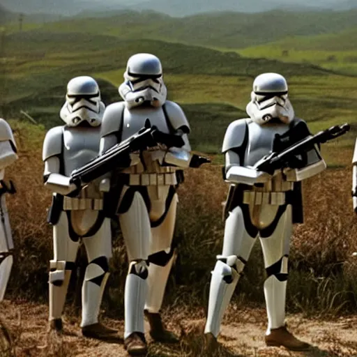 Prompt: star wars clone troopers offer aid to soldiers in vietnam, photo, old picture, lush landscape, field, firearms, war, bombs, explosions, x - wings, tie fighters, aerial combat, active battle zone, in trenches, star wars droids