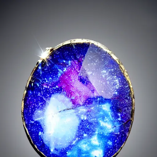 Prompt: a roughly cut gemstone with a galaxy inside it. Contained in a museum, realistic, highly detailed
