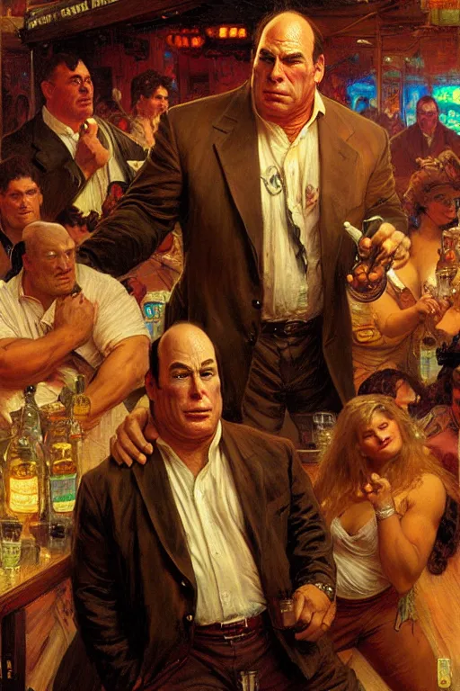 Image similar to hulking jon taffer, balding, wearing suit ogre - like, huge, at a bar, painting by gaston bussiere, craig mullins, greg rutkowski, alphonse mucha