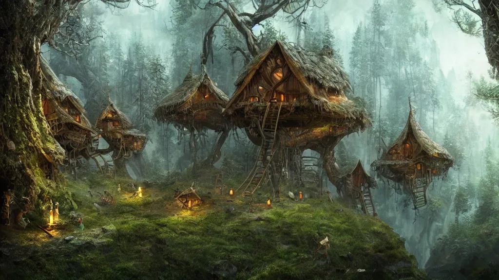 Image similar to elves living in elven treehouses, beautiful landscape, dramatic lighting, cinematic, extremly high detail, photorealistic, cinematic lighting, post processed, concept art, artstation, matte painting, style by greg rutkowsky