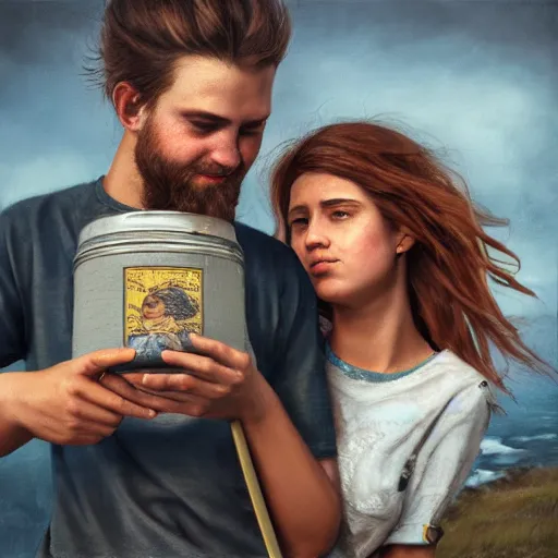 Image similar to a highly detailed portrait from behind of a young couple from the side, holding a tin can, remote icelandic village, summer, jeans and t shirt, blonde hair, muted colors, by tom bagshaw, trending on artstation,