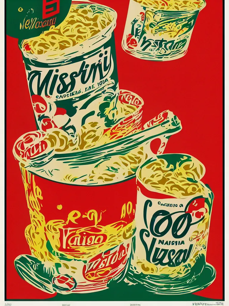 Prompt: vintage italian graphic design poster, nissin cup noodles, stylish, colorful, visual communications