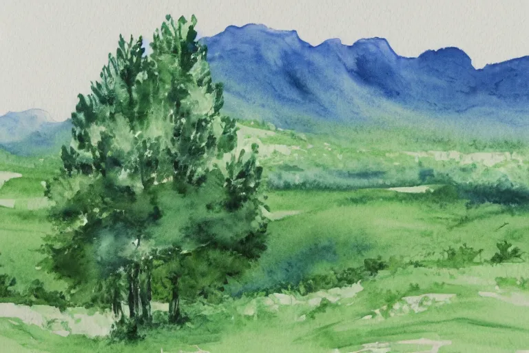 Prompt: green landscape with trees and mountains in the distance, watercolor