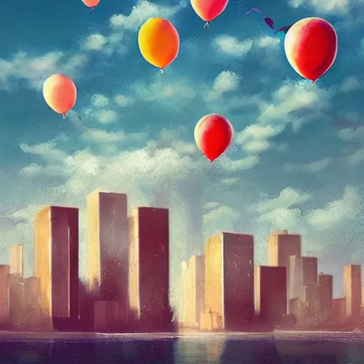 Prompt: plenty of floating birthday balloons. beautiful city. digital art, highly - detailed, artstation cgsociety masterpiece