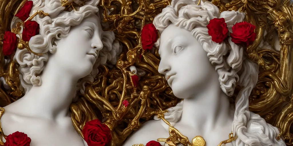 Prompt: italian masterpiece, white marble sculpture, baroque, portrait, saint Woman, Venus godness Athena, beautiful, gracious, pagans, marble and gold, space, stars, clouds, sun, greeks, fruits, bioluminescent skin, pomegranade, render, artstation, draped with red flowers and vines, ultra detailed