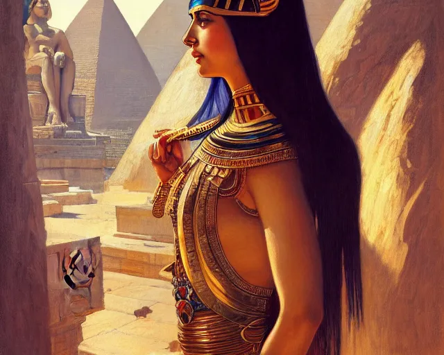 Prompt: photography of cleopatra in egypt, deep focus, intricate, elegant, highly detailed, digital painting, artstation, concept art, matte, sharp focus, illustration, art by artgerm and greg rutkowski and alphonse mucha