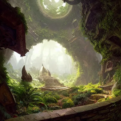 Prompt: worm's eye view of a elven headquarters carved inside a mountain above a lush garden, neat and tidy, magical, natural light, fantasy, sharp focus, concept art, by greg rutkowski and craig mullins, cozy atmospheric