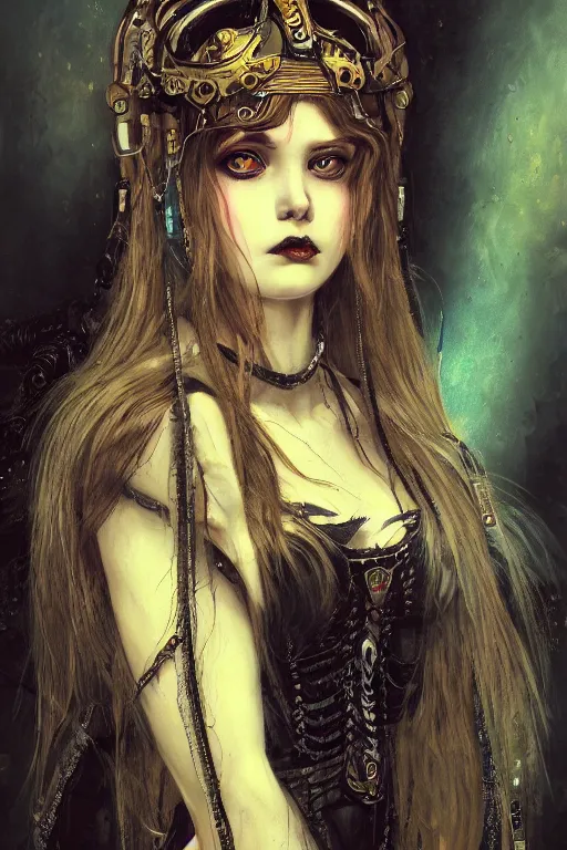 Prompt: portrait of beautiful young gothic maiden, cute face, cyberpunk, Warhammer, highly detailed, artstation, illustration, art by Gustav Klimt