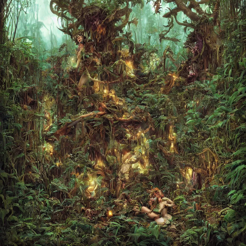 Prompt: A strikingly beautiful voodoo priestess communes with a dead skull inside his overgrown jungle cabin. wicca. fae. pagan. tarot. Moebius, Noah Bradley, hiroshi yoshida, Dan mcpharlin, Peter Mohrbacher, Druillet, epic composition, sparkling light, vivid,bright