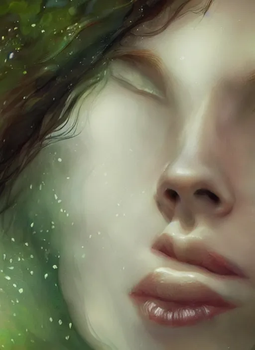 Image similar to girl lying in forest, face close up, art by charlie bowater