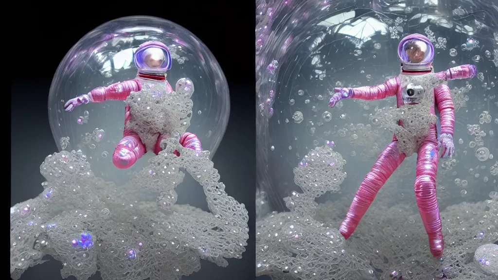 Prompt: a astronaut eva suit covered in diamond 3d mandelbulb 3d fractal lace iridescent bubble 3d skin +, camera appendage stalks+helmet clear brain case see through ,in a jumping float pose ,blobby holographic shrink wrap bubble,,opal ruby diamond iridescent fractal lace bubble materials,alternate reality ceramic age,monolithic retro futuristic ,water , by style hybrid mix of beeple+Anton Pieck+Jean Delville+ Amano,Yves Tanguy+ Alphonse Mucha+ Ernst Haeckel+ Edward Robert Hughes+Stanisław Szukalski covered with compound eye camera lenses,neutron, made of wax and water floats through the living room, film still from the movie directed by Denis Villeneuve with art direction by Salvador Dalí, wide lens,