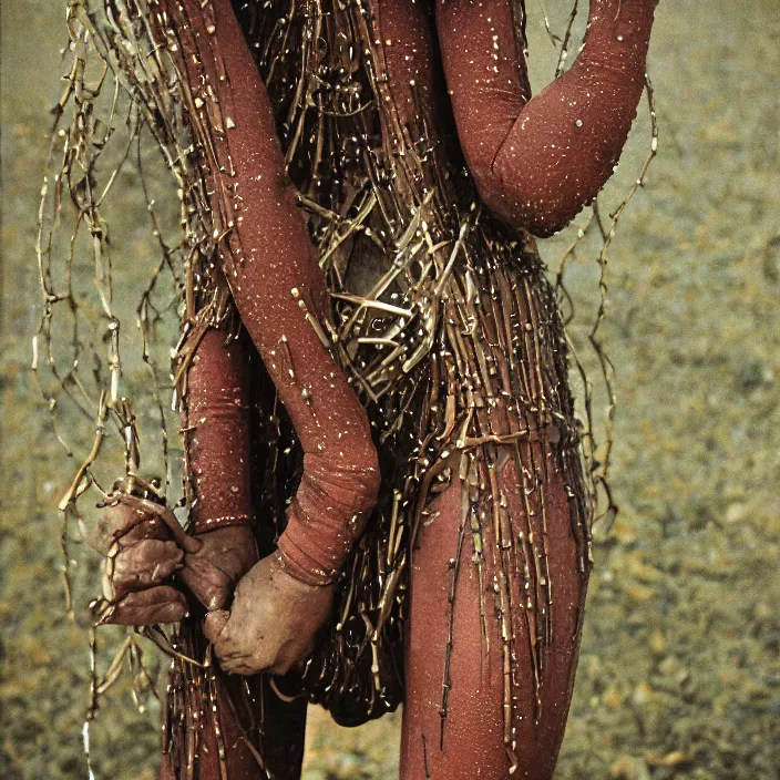 Image similar to a closeup portrait of a woman wearing a wetsuit made of rusted nails and ribbons, picking plums from a tree in an orchard, foggy, moody, photograph, by vincent desiderio, canon eos c 3 0 0, ƒ 1. 8, 3 5 mm, 8 k, medium - format print