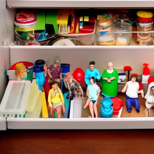 Prompt: Miniature people living in dresser drawers