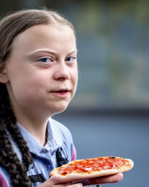 Image similar to film still close - up shot of greta thunberg giving a speech in a train station eating pizza, smiling, the sun is shining. newspapers falling from sky photographic, photography