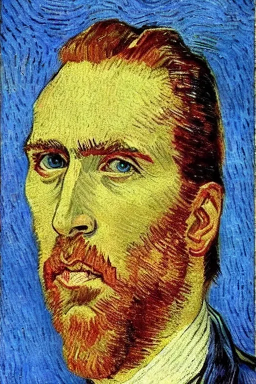 Prompt: Portrait of Nicholas Cage by Vincent van Gogh