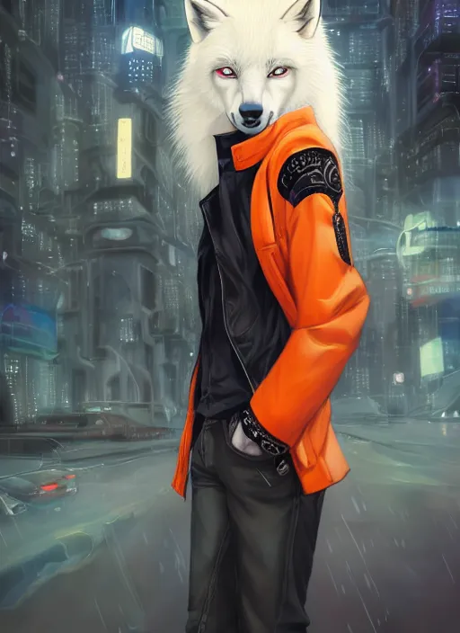 Prompt: award winning beautiful portrait commission of a male furry anthro albino wolf fursona with a tail and a cute beautiful attractive detailed furry face wearing stylish black and orange biker clothes in a cyberpunk city at night while it rains. Character design by charlie bowater, ross tran, artgerm, and makoto shinkai, detailed, inked, western comic book art