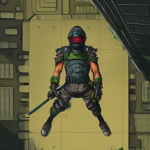 Image similar to a lunarpunk ninja on the roof of a building overhead view, digital art, trending on artstation, behance, deviantart