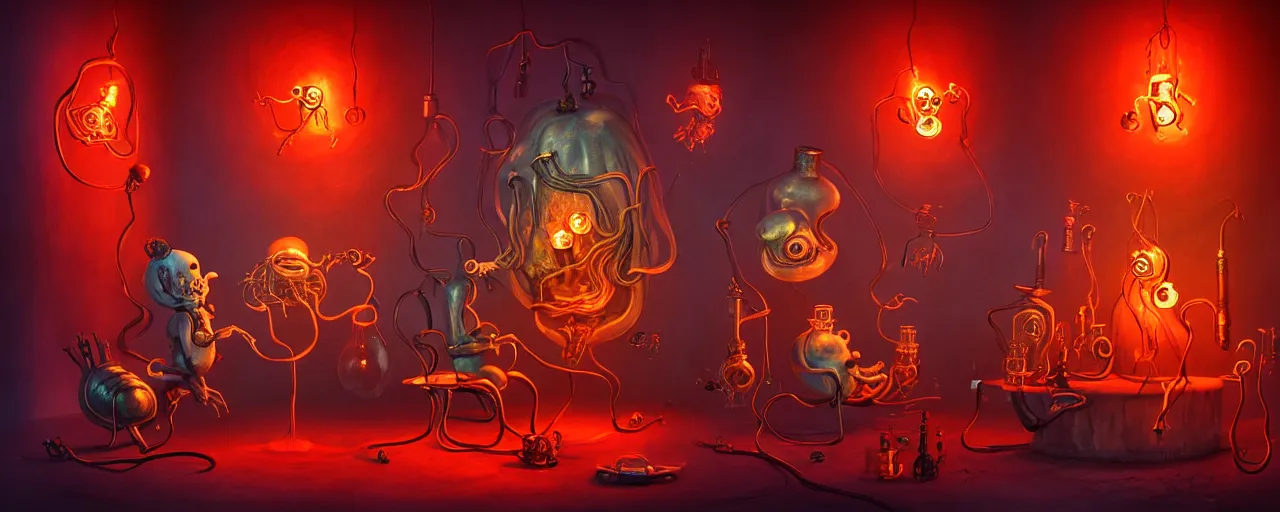 Image similar to whimsical weird chthonic alchemist creatures inside a visceral arterial alchemical lab within the left ventricle of a human heart, dramatic lighting fiery red lighting, surreal fleischer cartoon characters, surreal painting by ronny khalil