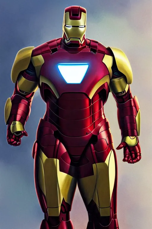 Image similar to Peter Griffin as Iron Man, Iron Man costume, Peter Griffin hairstyle, Peter griffin body type, calm, grumpy, portrait, masculine figure, highly detailed, digital painting, artstation, concept art, smooth, sharp focus, illustration, cinematic lighting, art by artgerm and greg rutkowski and alphonse mucha