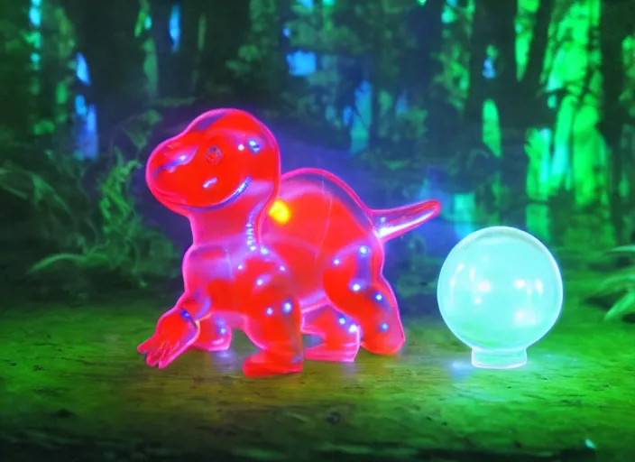 Prompt: photo of a translucent clear chibi style baby dinosaur with symmetrical head and eyes, made out of clear plastic, but has red hypercolor glowing electric energy inside its body, and electricity flowing around the body. in the forest, fantasy tron. highly detailed. intricate design by pixar