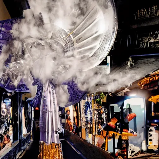 Image similar to Japanese geisha with beautiful violet paper fan, 4k photography, 30 mm lens, cinematic light, warm atmosphere, in style of Kar Wai Wong, cigarette smoke trail