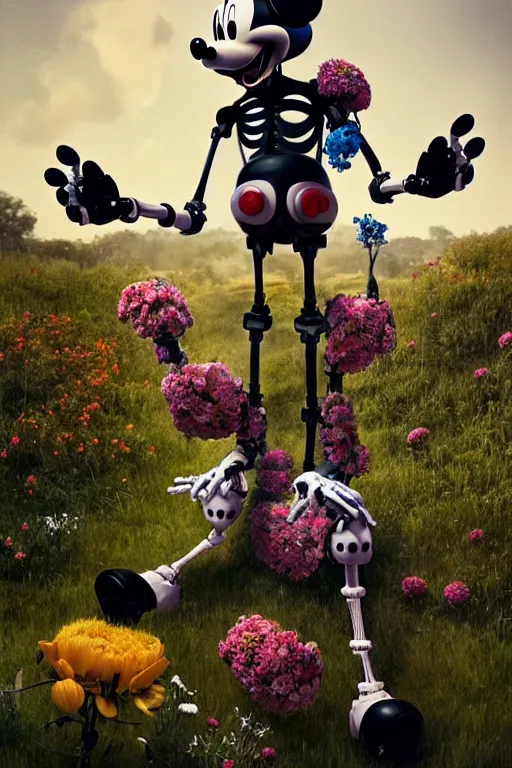 Image similar to a skeletal, mickey mouse made out of flowers and bones, walking with a robot, in the cyberpunk countryside by beeple, nychos and arcimboldo, highly detailed octane render