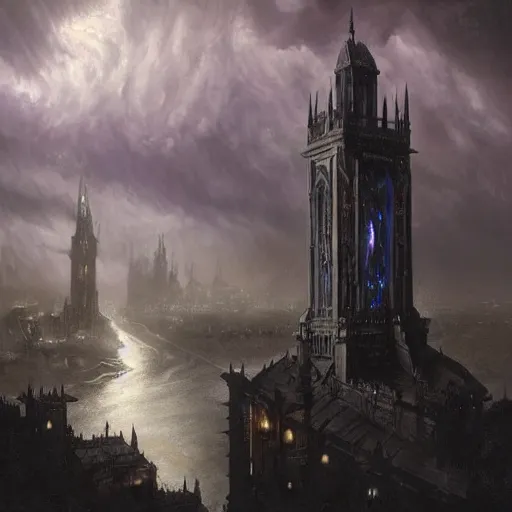 Image similar to an ultra detailed matte painting of a lonely and impossibly tall ominous gothic dark citadel tower of the evil patriarch, in the style of magic the gathering, in a river elevated high above the city, gaslight fantasy capital city, ultrawide lense, aerial photography, scary thunderstorm, exquisite detail, 8 k, art by greg rutkowski and alphonse mucha