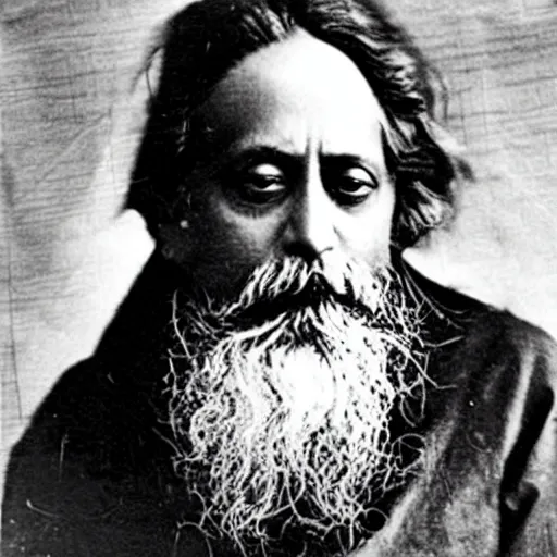 Image similar to photograph of Rabindranath Tagore playing a electric guitar and head banging