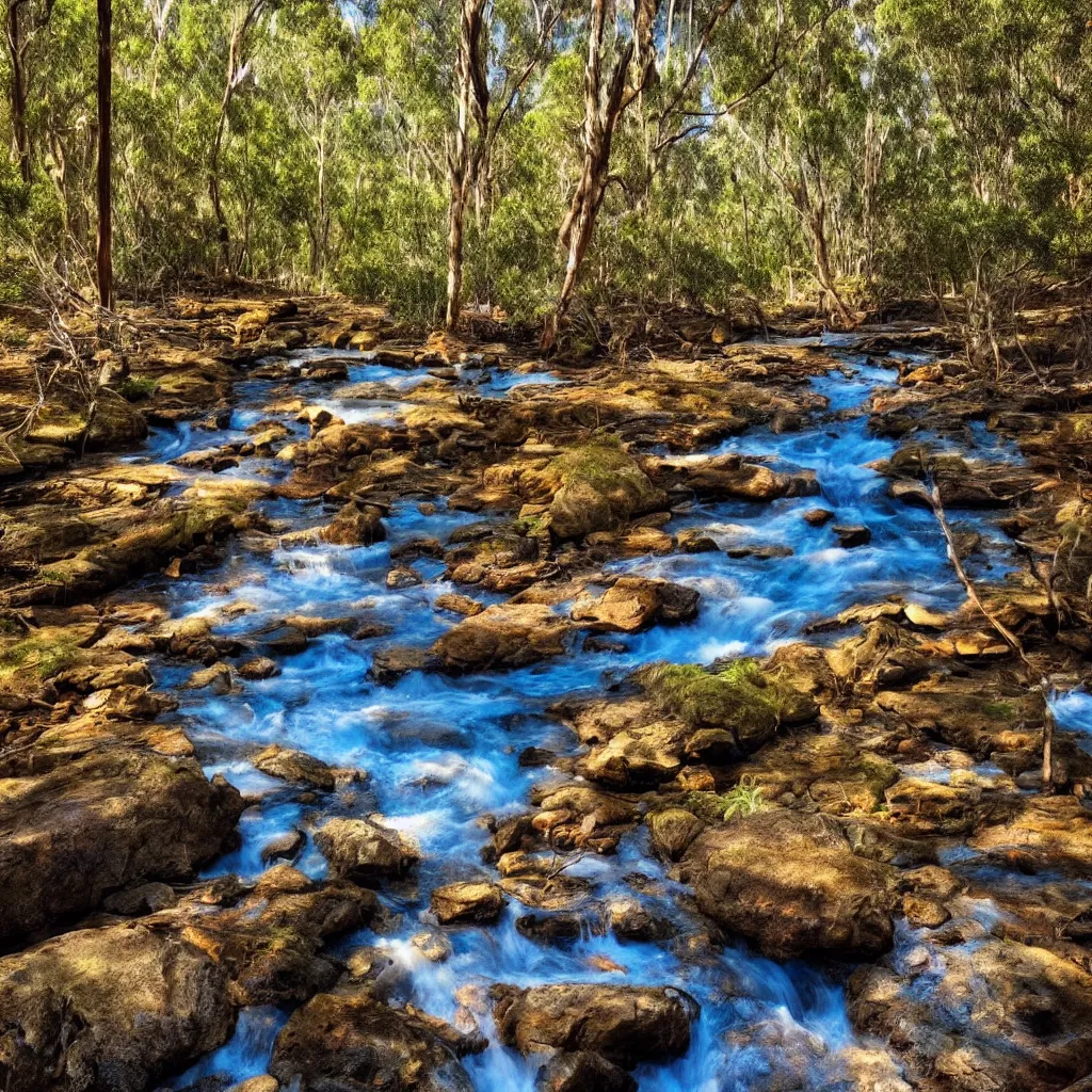 Prompt: Beautiful photo of a creek in an Australian forest, lovely blue sky with minimal clouds, trees in the background, aussie, rocks in the foreground, golden hour photography, instagram story, shot on iphone