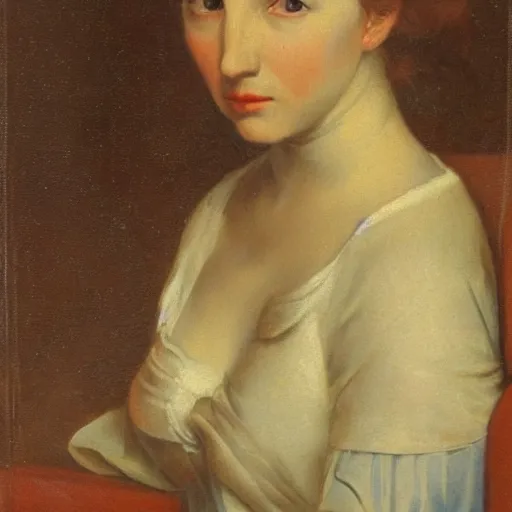 Image similar to painting of a beautiful young woman in the style of the old dutch masters with exaggerated proportions, huge bust, curvy waist
