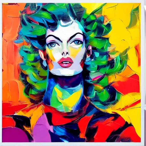 Prompt: a vibrant oil painting close up of linda evangelista with curly hair by francoise nielly, trending on artstation : 3