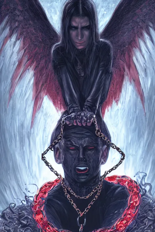 Image similar to lucifer, dark angel, red eyes, chain, handcuffs, large chain, wide open mouth, scream, cruelty, sad, sea bottom, light effect, hyper detailed, intricate, elegant, highly detailed, digital painting, artstation, concept art, matte, sharp focus, illustration, by dan mumford, yusuke murata, makoto shinkai, ross tran