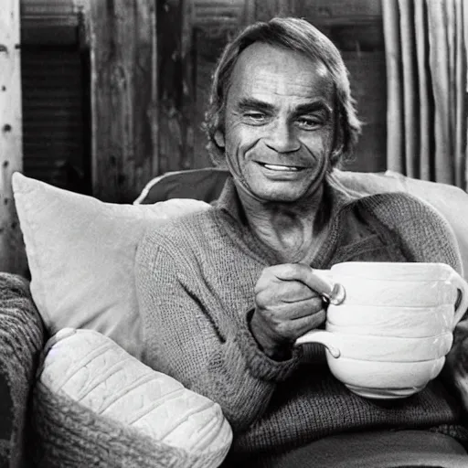 Image similar to terence hill drinking tea with an elderly lady in his mountain cabin, a cute earth pillow is visible in the couch