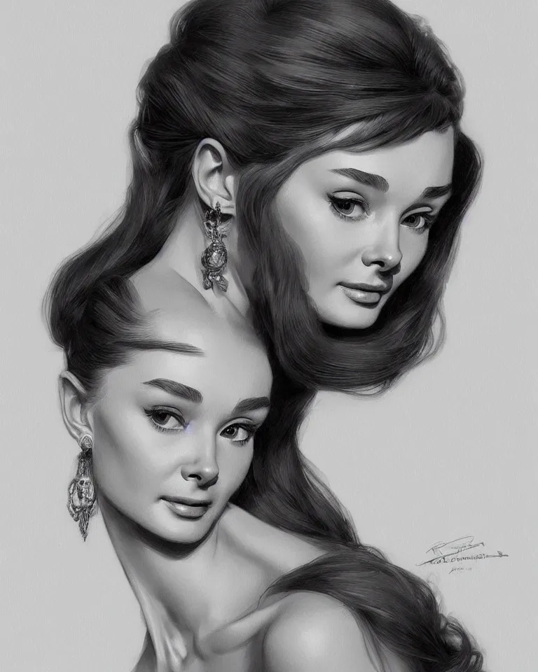 Image similar to portrait of a young audrey hepburn, upper bust, seductive eyes, long hair, joyful smirk, intricate, elegant, highly detailed, digital painting, artstation, concept art, matte, sharp focus, illustration, art by artgerm and greg rutkowski and alphonse mucha
