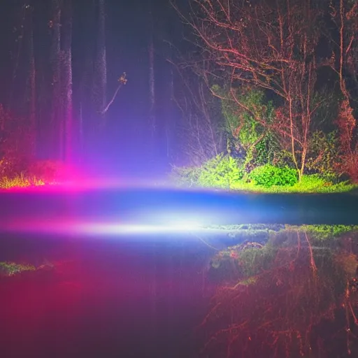 Prompt: photography at night of an ethereal pond, a central sunlight glare, mystical lights, cyber futuristic lights in the sky, masterpiece, epic, cinematic, hyperealistic photo, high detailed, red flashlight at night